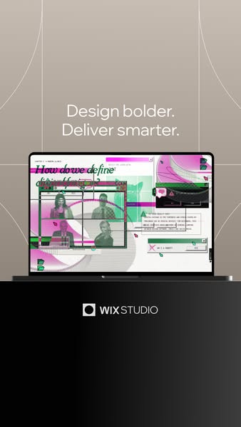 Wix Studio ad headlined Design bolder. Deliver smarter., showing a laptop displaying a bold magenta and green editorial website design.