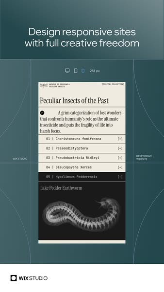 Wix Studio ad headlined Design responsive sites with full creative freedom, showing a mobile mockup of an editorial website titled Peculiar Insects of the Past with an illustration of an earthworm.