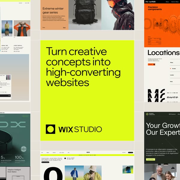 Wix Studio ad with a central green panel reading Turn creative concepts into high-converting websites, surrounded by a grid of varied website design examples.