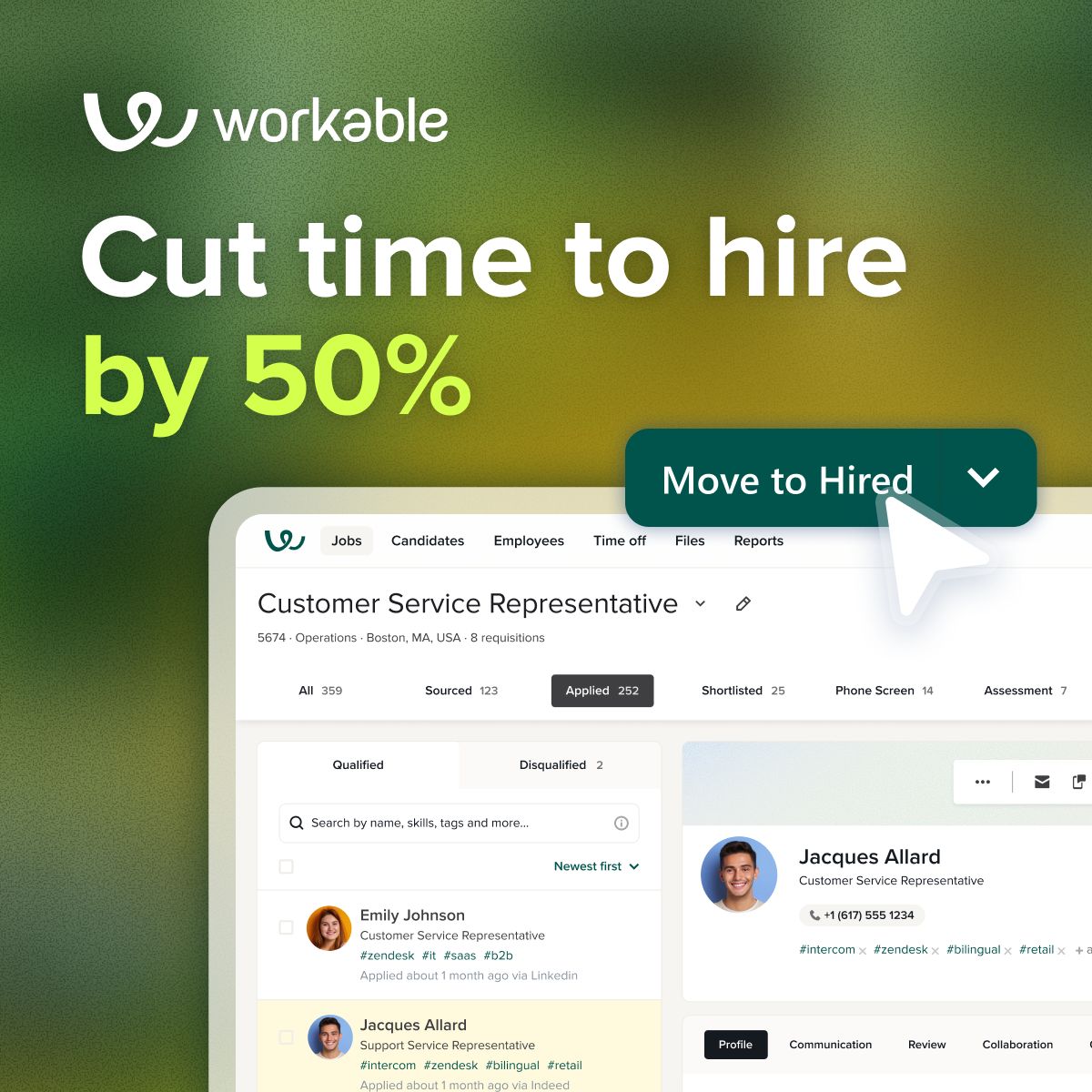 Workable ad on a dark green-to-purple gradient background with the headline "Simplify your tech-stack," featuring a 3D stacked glass icon of the Workable logo