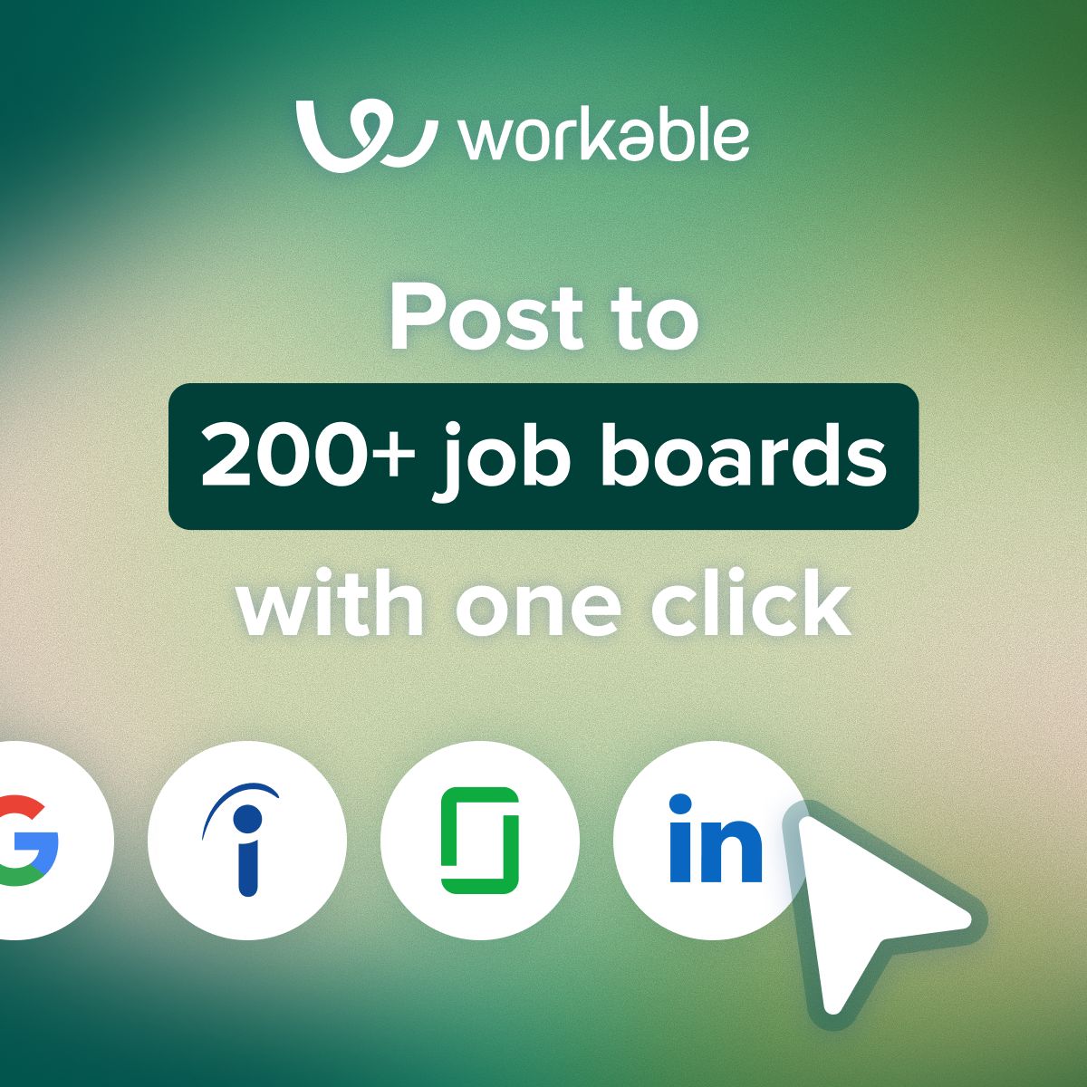 Workable ad with the headline "Cut time to hire by 50%" on a green gradient background, showing a detailed UI mockup of the applicant tracking system with candidate lists, profiles, and a "Move to Hired" button