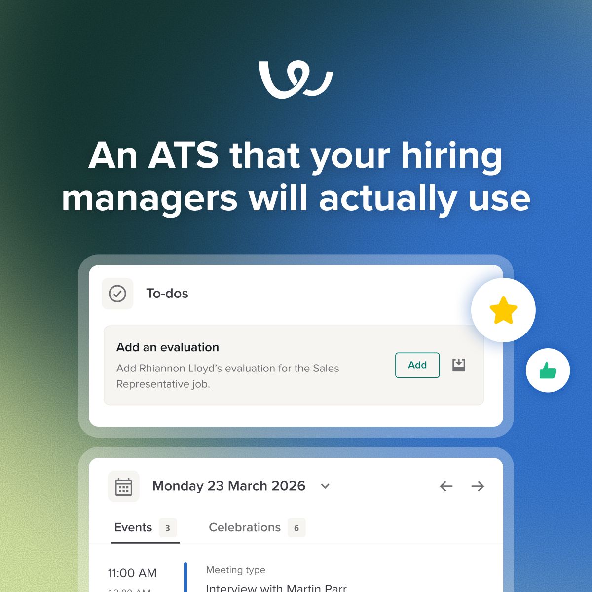 Workable ad on a green gradient background promoting the ability to post to 200+ job boards with one click, displaying logos of Google, Indeed, Glassdoor, and LinkedIn along with a cursor icon