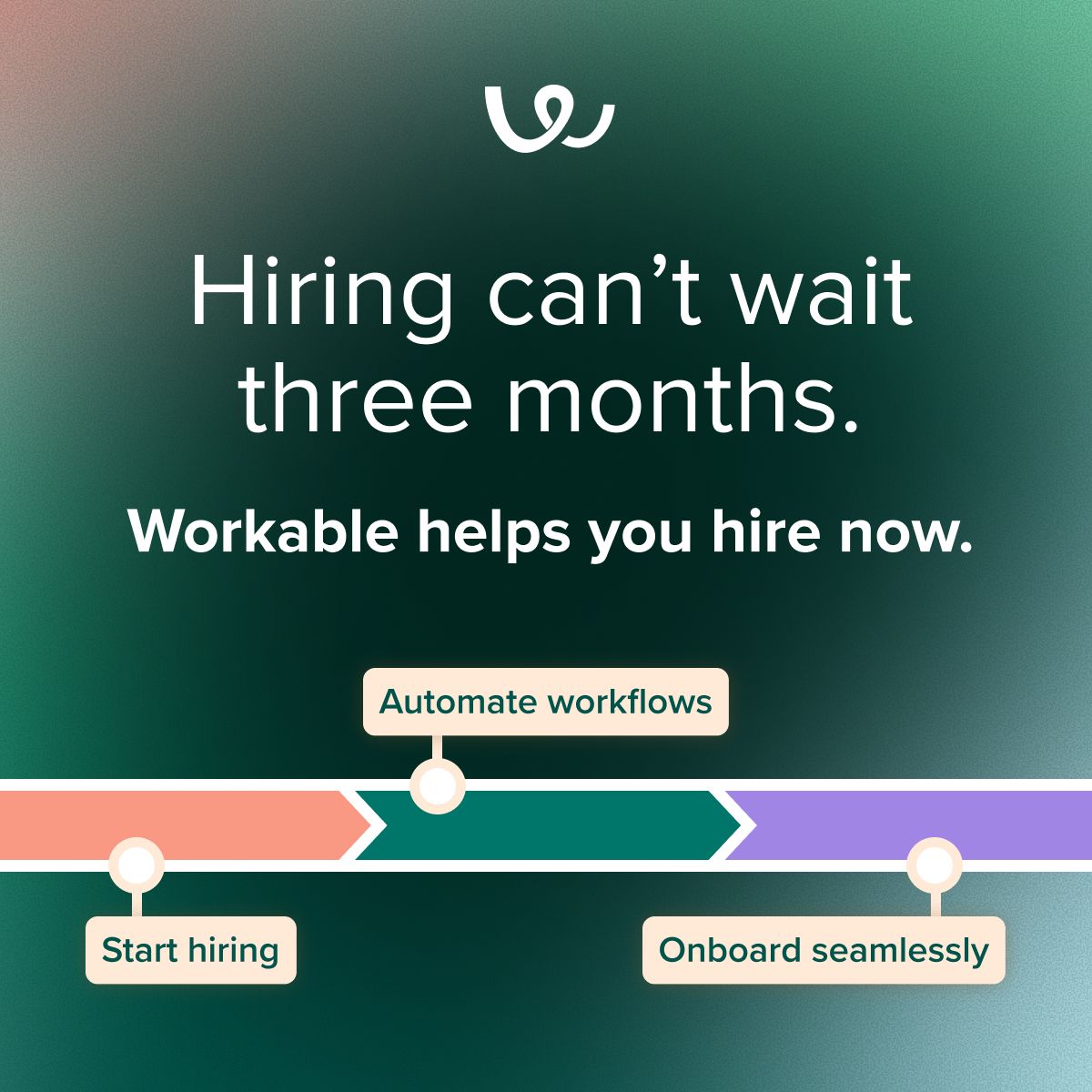 Workable ad on a blue-green gradient background with the headline "An ATS that your hiring managers will actually use," showing UI mockups of a to-do list with candidate evaluations and a calendar with interview events