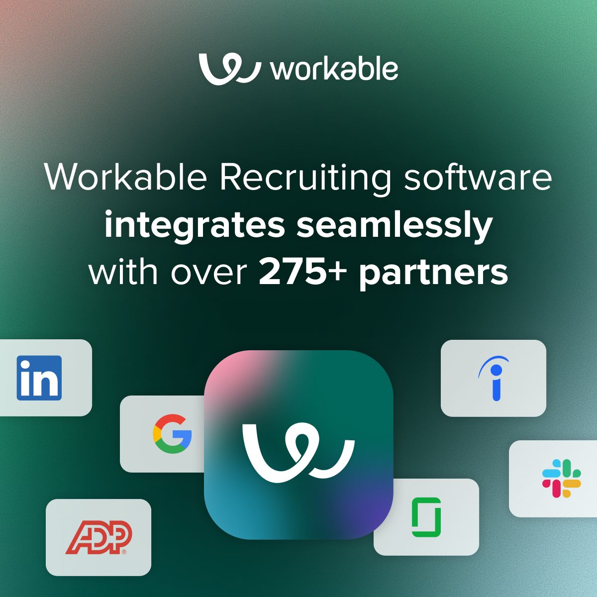 Workable ad on a dark green gradient background with the headline "Hiring can't wait three months. Workable helps you hire now." featuring a three-stage timeline showing start hiring, automate workflows, and onboard seamlessly