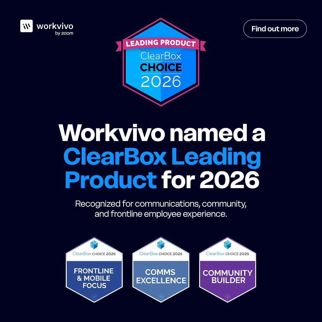 Workvivo by Zoom ad in French showing a before-and-after comparison: the left side lists workplace challenges such as isolated teams, dispersed workforce, and disengagement, while the right side presents one unified platform for the entire employee experience