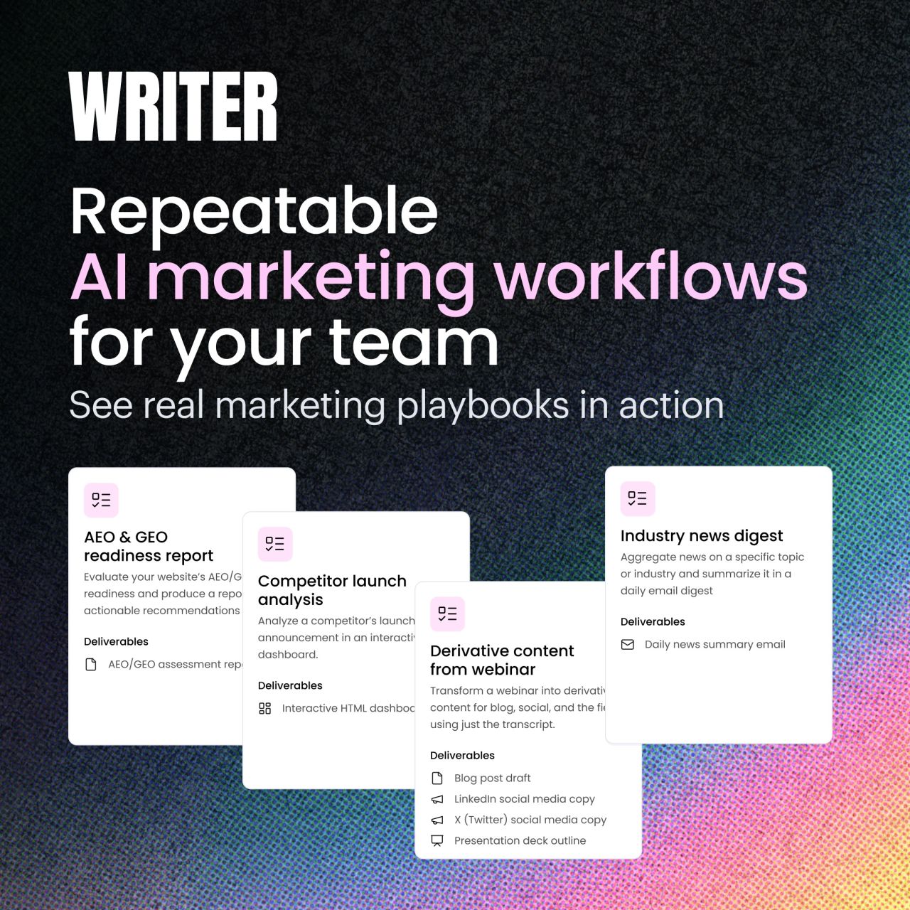 A light purple background ad for Writer featuring a customer story from KPMG. A large stat reads "60–80% time savings on derivative content creation." Lauren Boyman, CMO of KPMG Americas, is pictured alongside the KPMG logo.