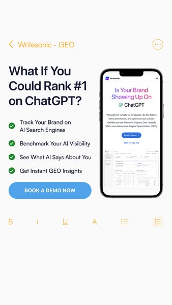 A light purple background ad for Writesonic with the headline "The Answer is GEO." Features a search bar with autocomplete suggestions related to AI search ranking. Below are logo icons of AI platforms including ChatGPT, Perplexity, Gemini, and others.