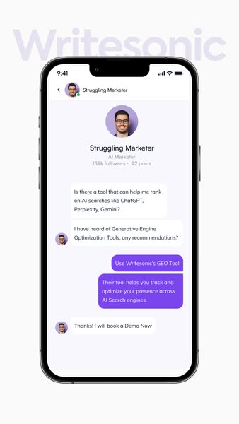 A light background mobile ad for Writesonic showing a smartphone mockup of a social media conversation. A user called "Struggling Marketer" asks about ranking on AI search engines and receives a recommendation to use Writesonic's GEO tool. Writesonic branding visible at the top.