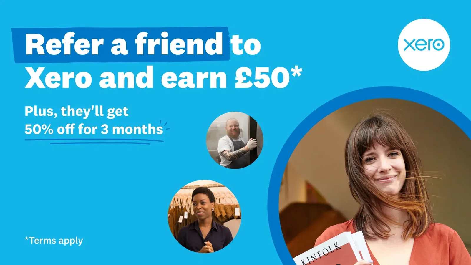 Xero ad on a blue background showcasing the Xero dashboard with business bank account and savings account charts, promoting 80% off for the first 3 months with a "Get started" CTA