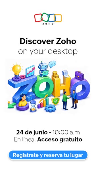 Zoho ad with the Zoho logo and 3D lettering spelling Zoho surrounded by business icons, inviting viewers to discover Zoho on their desktop at a free online event on 24 June at 10 a.m., with a Spanish-language register button reading Regístrate y reserva tu lugar.